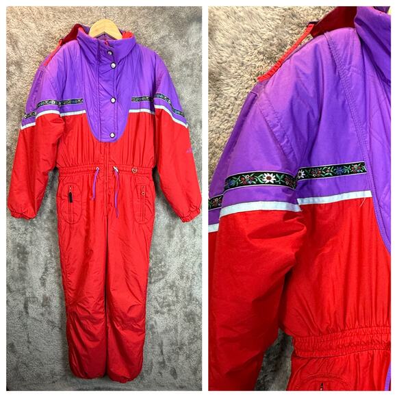 VTG 80s Obermeyer Elke Snowsuit Juniors 18 Women Girls Red Purple Ski Bib Outfit - Picture 1 of 16